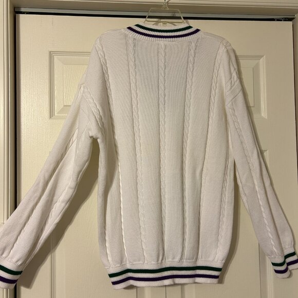 Mens WIMBLEDON Sz M White V-Neck Long Sleeve Cable Knit Tennis Sweater Top - Picture 7 of 8